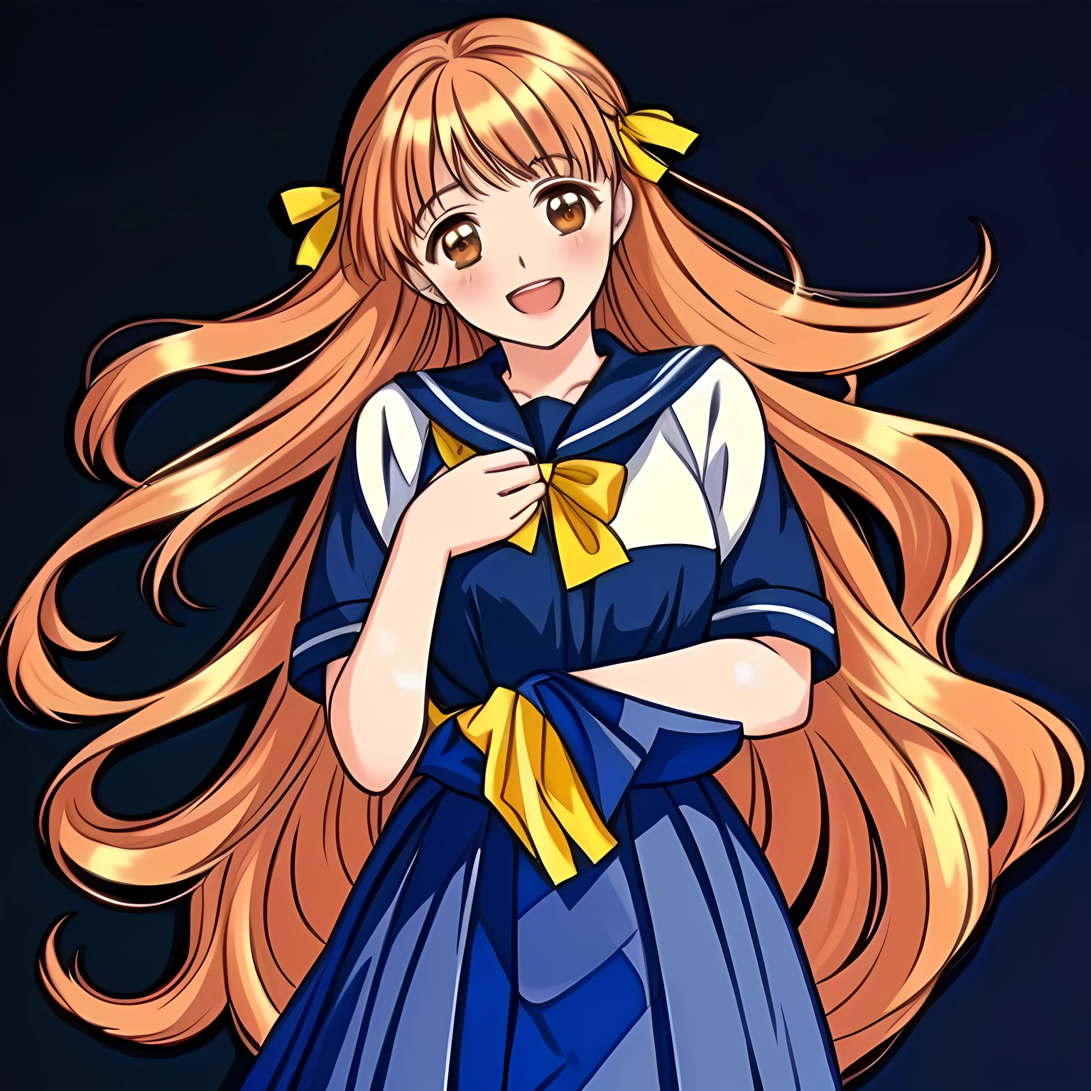 (highest quality, masterpiece: 1.6), (Beautiful noble 15yo beautiful lying anime noble heroines, So beautiful giggling noble elegant 15yo neat anime heroines ware blue sailor-styled uniform, Noble Elegant, navy sailor uniform, in a dream: 1.5), (Anime-heroine's girly noble laughing giggling brown eyes: 1.6), (Realistic Charming neat navy-colored very-neat well-pleated long checkered school skirt: 1.5), (black background: 1.7), (Eyes, face and hair, and skirt is especially cutely detailed and carefully drawn), (Girls whom everyone loves because of her beauty and lovely fashion and noble manner and mind of succubus and magic-charm of succubus: 1.0), (Very beautiful, wavy, cutely super-super-long straight gorgeous rich black hair like hair model, with elegant big yellow hair ribbons: 1.3)