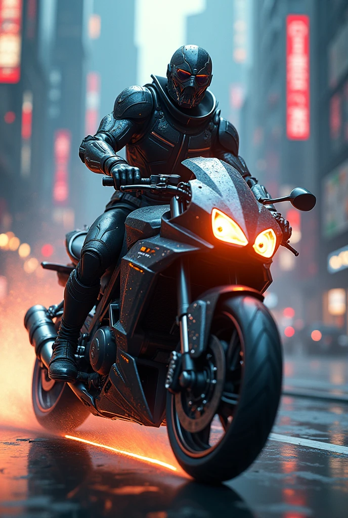 [Illustration] comic page, there are multiple panels on one page: in the city full of gunsmoke (far view), several male racers riding motorcycles, crazy racing in the alley, tire rubbing the ground sparks, smoke and dust billowing (close-up, low motion blur), blank with text annotations, [Continuous shooting] in the style of Andreas Rocha, cobalt blue and reflective silver, film P30, irregular radial composition