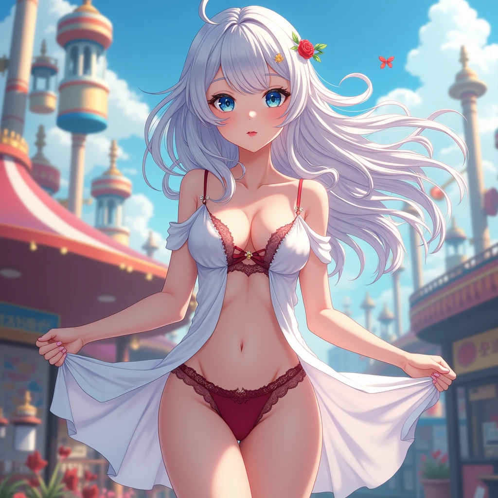 a beautiful young Chinese girl (anime style 8k, HDR, UHD, intricate details, extremely intricate details, hyperrealistic, extremely realistic, high quality). white, shiny and flowing hair (anime style 8k, HDR, UHD, intricate details, extremely intricate details, hyperrealistic, extremely realistic, high quality). eyes: blue color, expressive and bright eyes (anime style 8k, HDR, UHD, intricate details, extremely intricate details, hyperrealistic, extremely realistic, high quality). red and full mouth (anime style 8k, HDR, UHD, intricate details, extremely intricate details, hyperrealistic, extremely realistic, high quality). medium and pointy breasts extremely detailed (anime style 8k, HDR, UHD, intricate details, extremely intricate details, hyperrealistic, extremely realistic, high quality). thin, white, short, flowing dress showing all the details and contours of her breasts (anime style 8k, HDR, UHD, intricate details, extremely intricate details, hyperrealistic, extremely realistic, high quality). her dress is so thin that it flies in the wind showing her panties (anime style 8k, HDR, UHD, intricate details, extremely intricate details, hyperrealistic, extremely realistic, high quality). her panties are dark red lace (anime style 8k, HDR, UHD, intricate details, extremely intricate details, hyperrealistic, extremely realistic, high quality). she is riding on the amusement park (anime style 8k, HDR, UHD, intricate details, extremely intricate details, hyperrealistic, extremely realistic, high quality). background (anime style 8k, HDR, UHD, intricate details, extremely intricate details, hyperrealistic, extremely realistic, high quality). full body view (8k anime style, HDR, UHD, intricate details, extremely intricate details, hyper realistic, extremely realistic, high quality).