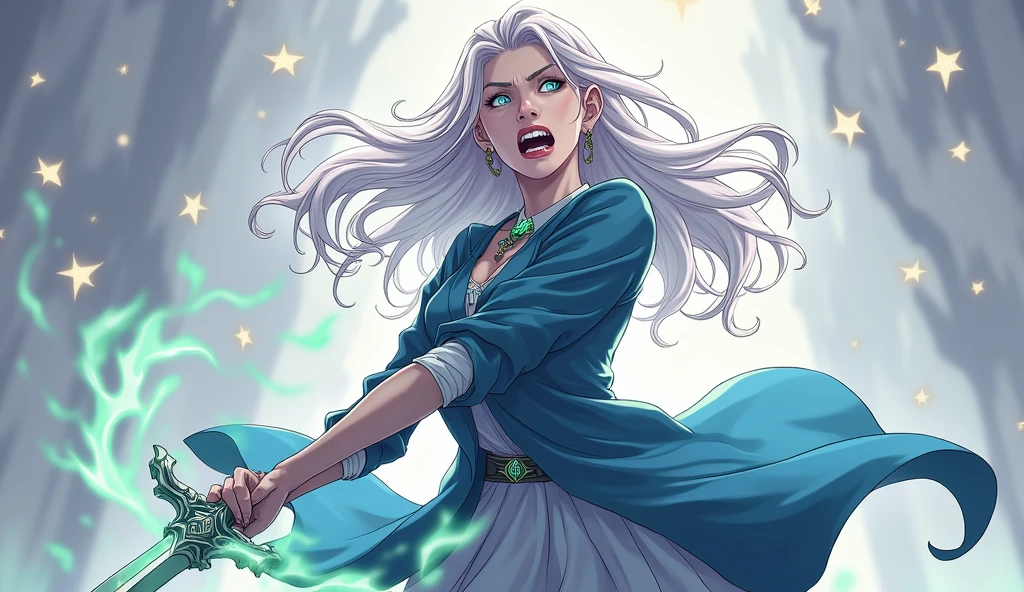 In this image she has a look of hatred, emanating an intense green glow throughout her body, while her eyes shine green, her sword emanates the same green glow!