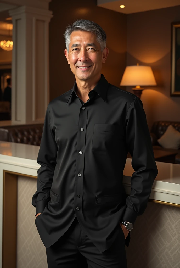 photorealistic,man,Thai person,Age 59 years,little black hair,Looks good,Oval face,smile,Wear black pajamas,Sit and read a book.,At the casino,Catch the book,Take a picture of yourself,Sharp picture,realistically.