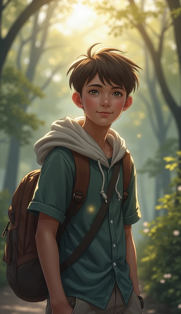 Brown colored boy, light brown near hair, 2 brown eyes, sitting on a poutrona, 2 arms by sima of the knees, scared facial squeeze, white shirt, lightly triangular face, well highlighted eyebrows, forest senary --auto --s2