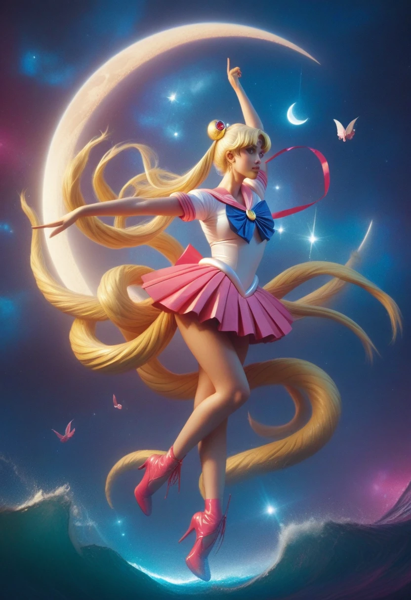 ((masterpiece)), (Best quality), (ultra detailed), ((Very detailed)), 4K, (8 k), Sailor Moon, Long blonde hair, double tail, Sailor Moon Aesthetics, Dream Core,