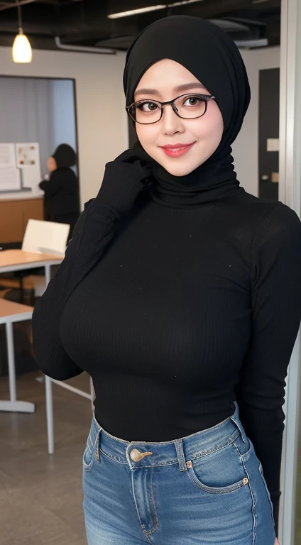 Office Lady,Black knitted turtleneck, jeans, highest quality,  Very detailed, finely, High resolution, 8k wallpaper, Perfect dynamic composition, finelyて美しい目,  Natural Lip, (Saggy big breasts:1.3), smile, Sure, (modest, professional attire, appropriate clothing, full coverage: 1.3), (glasses), hijab