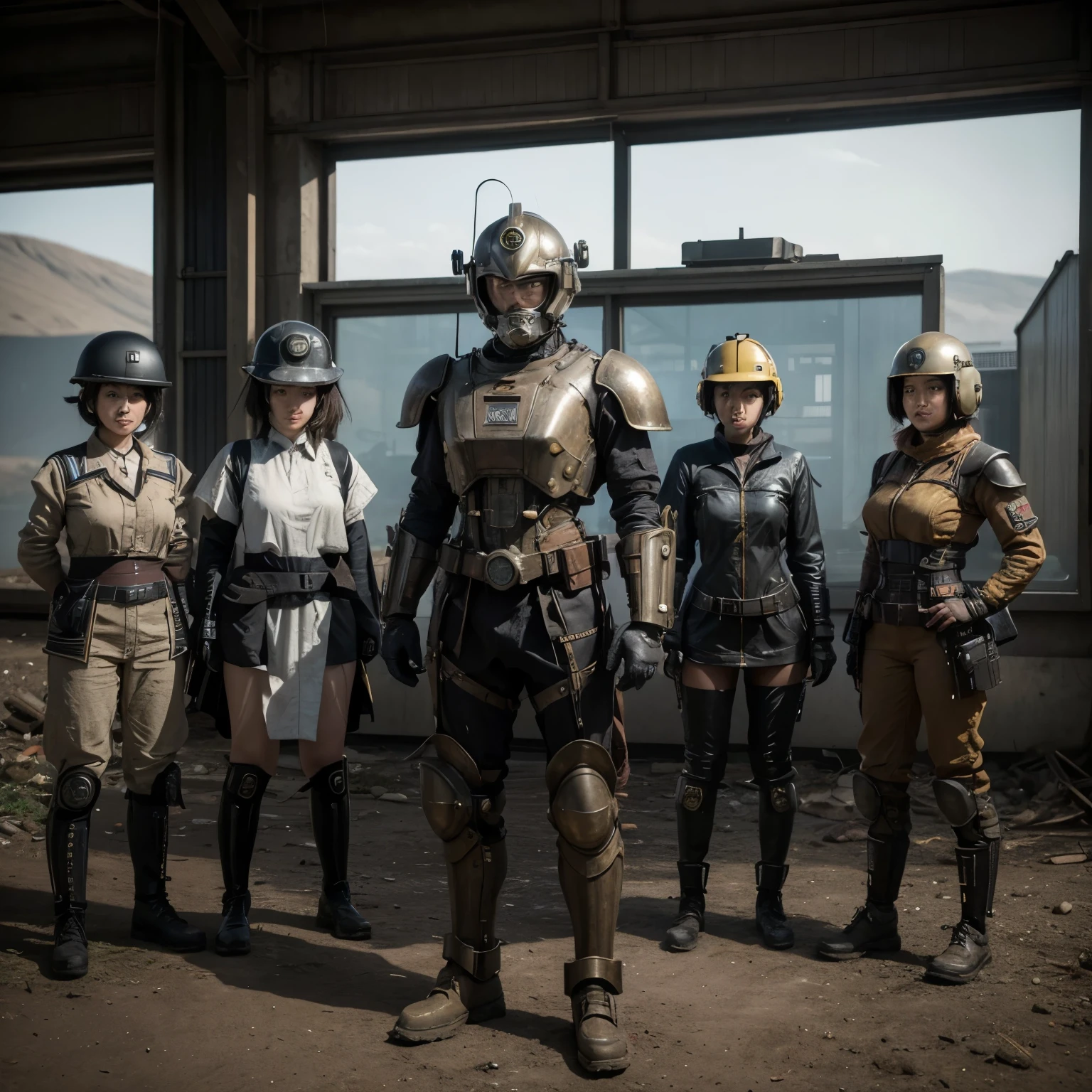 there are four asian women in helmet standing in a line, cyber steampunk 8 k 3 d, television screenshot, the fifth series, mugshots, anthropomorphic machine, standing in wasteland, wales, promotional shot