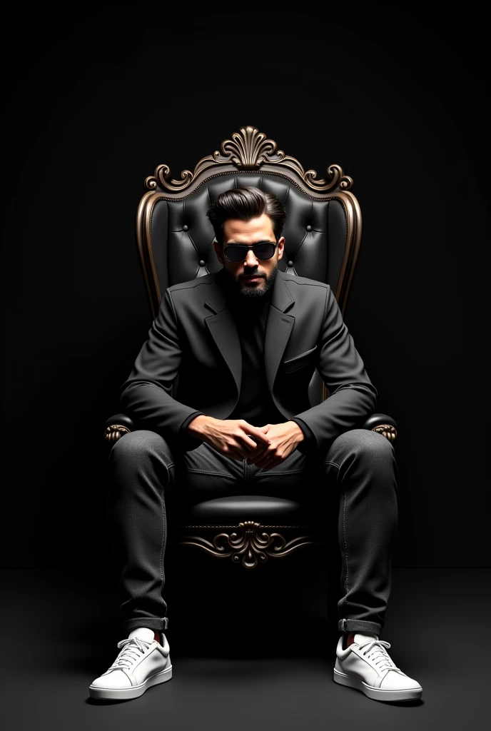 A picture of a person sitting on the throne with my name with my olfty written in Mauritanian, he has a black suit and sits on the throne