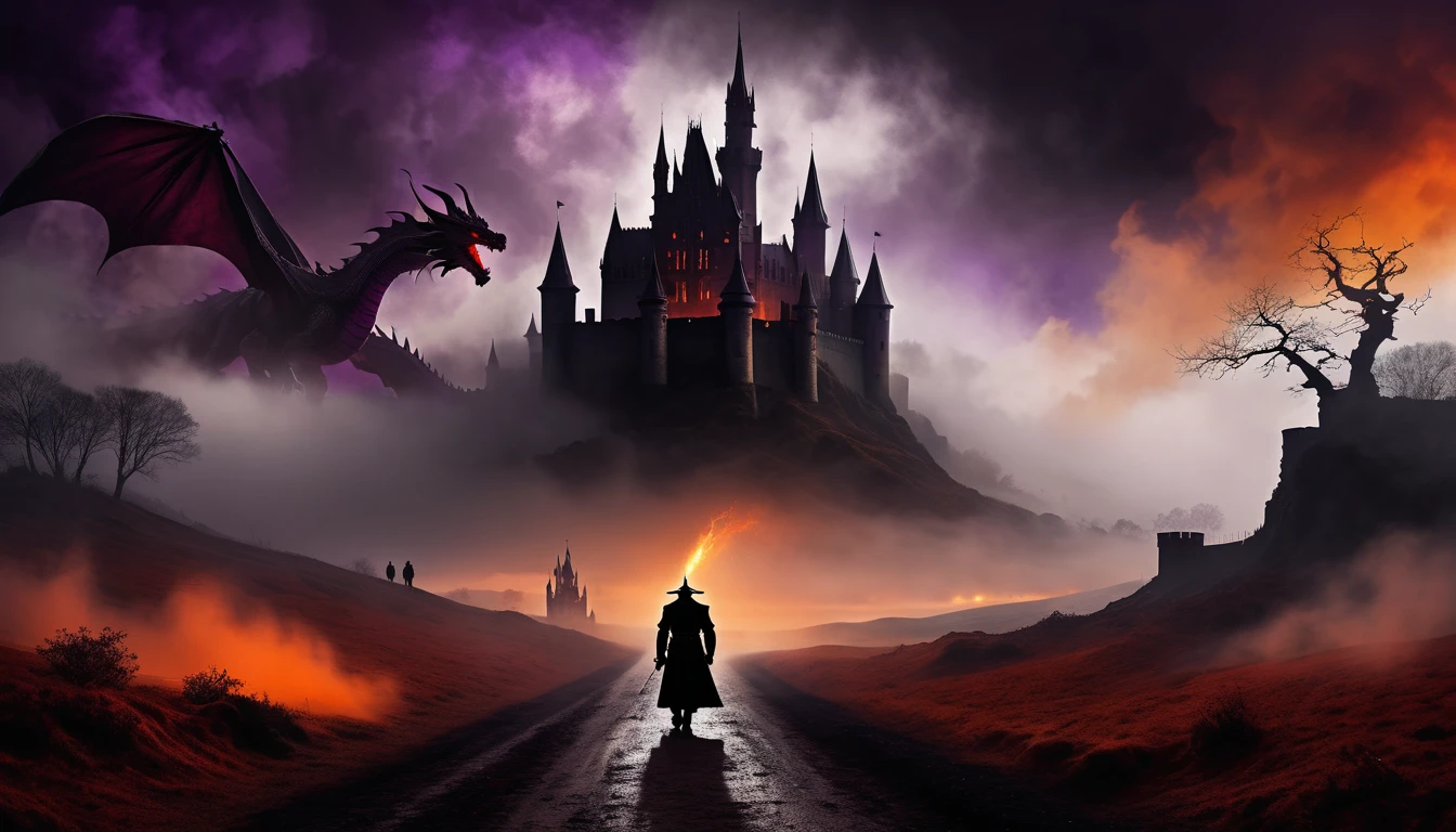 Photo Digital painting with gothic style and dark and moody atmosphere. In the background, there is a large, menacing castle with pointed towers, partially obscured by swirling clouds and fog. The layout features the silhouette of Astronalta walking on the dirt path, facing the camera in the foreground. a big dragon in the fog. Both figures are in black, contrasting with a fiery red and orange background and in dark purple color. The overall color palette is dominated by deep reds., Oranges, purple and black, creating a dramatic and intense scene.