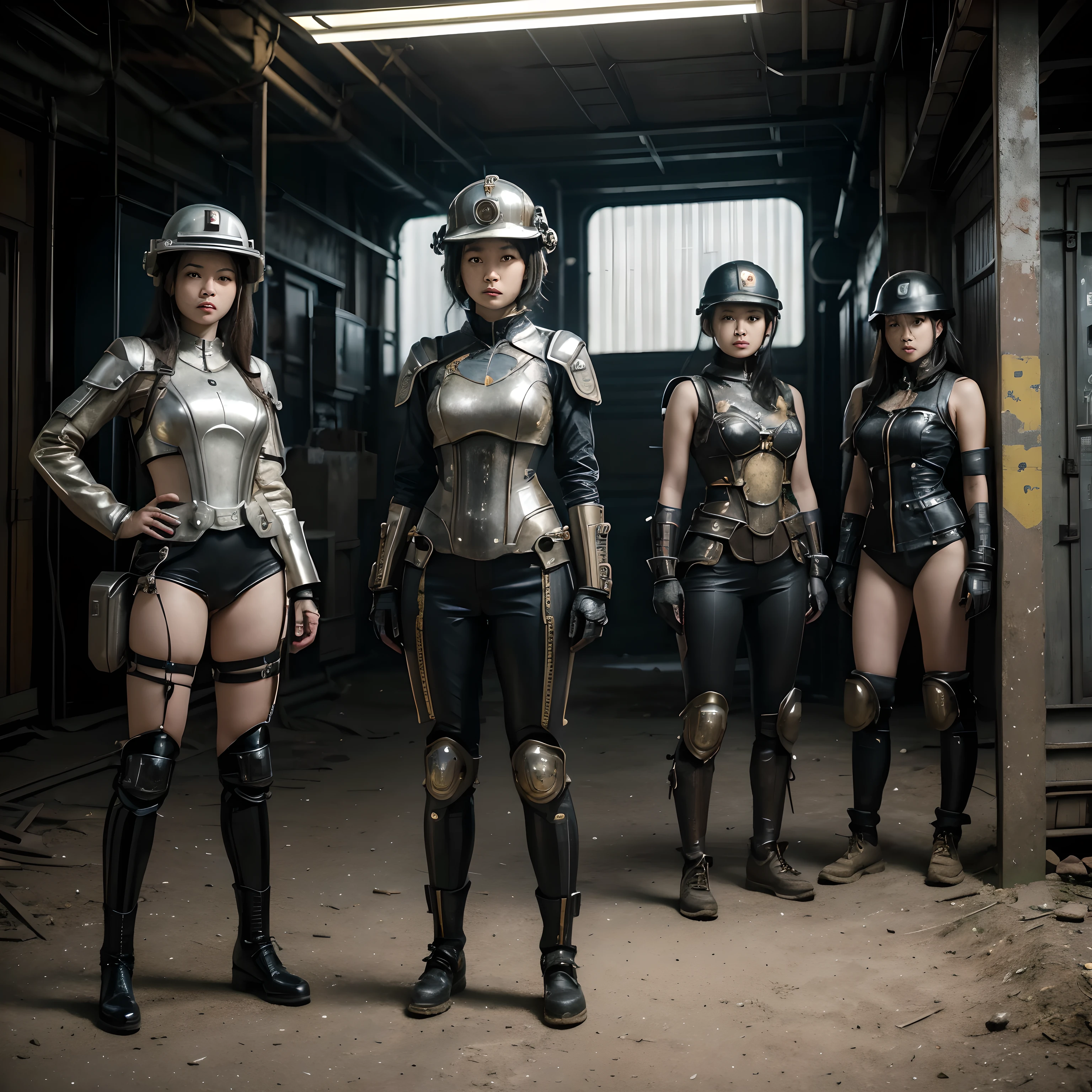 there are four asian women in helmet standing in a line, cyber steampunk 8 k 3 d, television screenshot, the fifth series, mugshots, anthropomorphic machine, standing in wasteland, wales, promotional shot