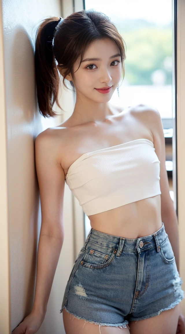 ((Best picture quality), Korea 20 years old, luxury yacht, High resolution, Natural and smooth implementation, head and body balance, Delicacy, thin legs, ((dark brown hair, very), Highly detailed face and skin texture, Eye for detail, shy smile, Gravure idol, Best picture quality, Reality, cute 외모, K-pop makeup, narrow waist, White and clear skin, cute, Narrow pelvis, Ponytail, Skinny body type, Young body type, Small pelvis, small shoulder, White crop tube top, Wearing short denim shorts, An angle that shows the whole body, slender thighs, narrow thighs