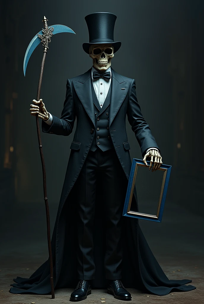 Blue-eyed skeletal skull wearing a black suit and black hat reading a book