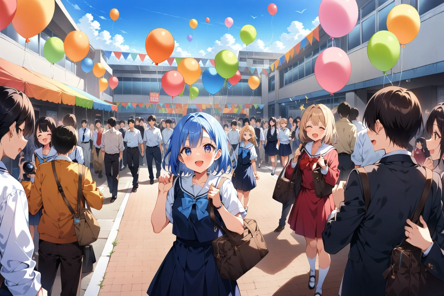 score_9, score_8_up, score_7_up, source_anime,masterpiece, best quality, high resolution, extremely detailed CG, absurdres, a school girl taking photo in festivals of school, balloons flying in the blue sky and a school building, events, booths, people, happy, blue sky,