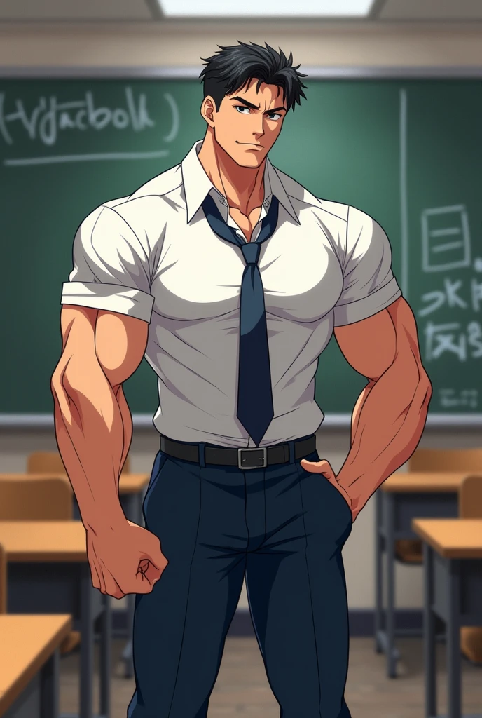 Katsuki Bakugo from Boku No Hero Academia sitting on a chair naked with massive penis, bodybuilder, with oily skin, handsome, big legs, defined body, topless, shirtless, abs, sweat, scenery of classroom