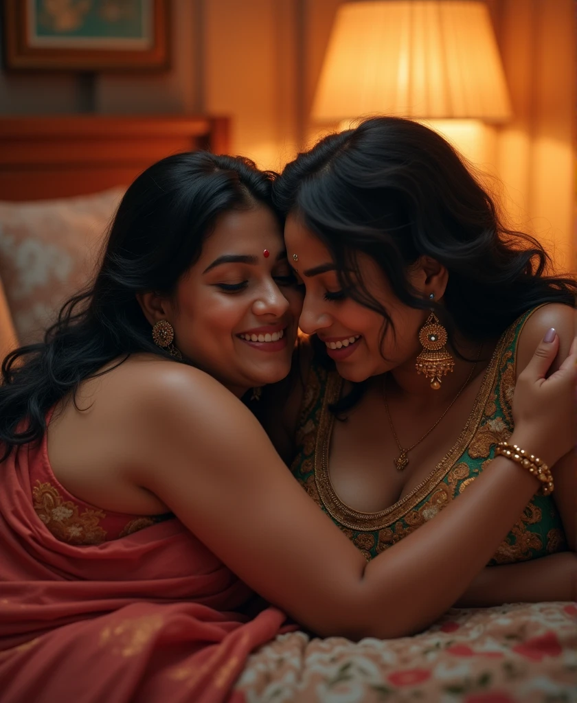 Two indian sexy women,1 woman is a milf with 16 to 17year age,otherwoman is young with 16 to 17year old aggressively making out, on bed, night time, hugging tight, kissing passionately, lips touching, revealing clothes, stripping, bare skin, absolutely hot