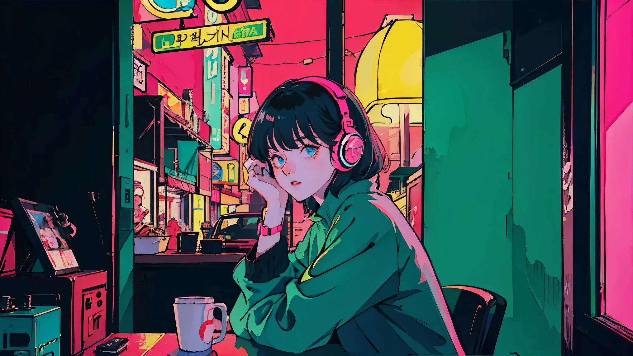 Beautiful Korean Women, One Woman, Black Hair, headphone, in the cafe, midnight tokyo, neon, window.Room turntable, In the style of neon realism, Charming character, action, Gadget Punk, solapunk, Colorful cityscape, Crimson and amber, Neon Black, Soft lighting, night, nighttime, Realistic, red lighting, Green lighting, Hard Shadows, masterpiece, Highest quality, complicated, Model shooting style, Vintage, Film Grain, Incomplete details. Beautiful neon lights.Best eyes.Blue eyes.Best hads.Coffee.Midnight neon.