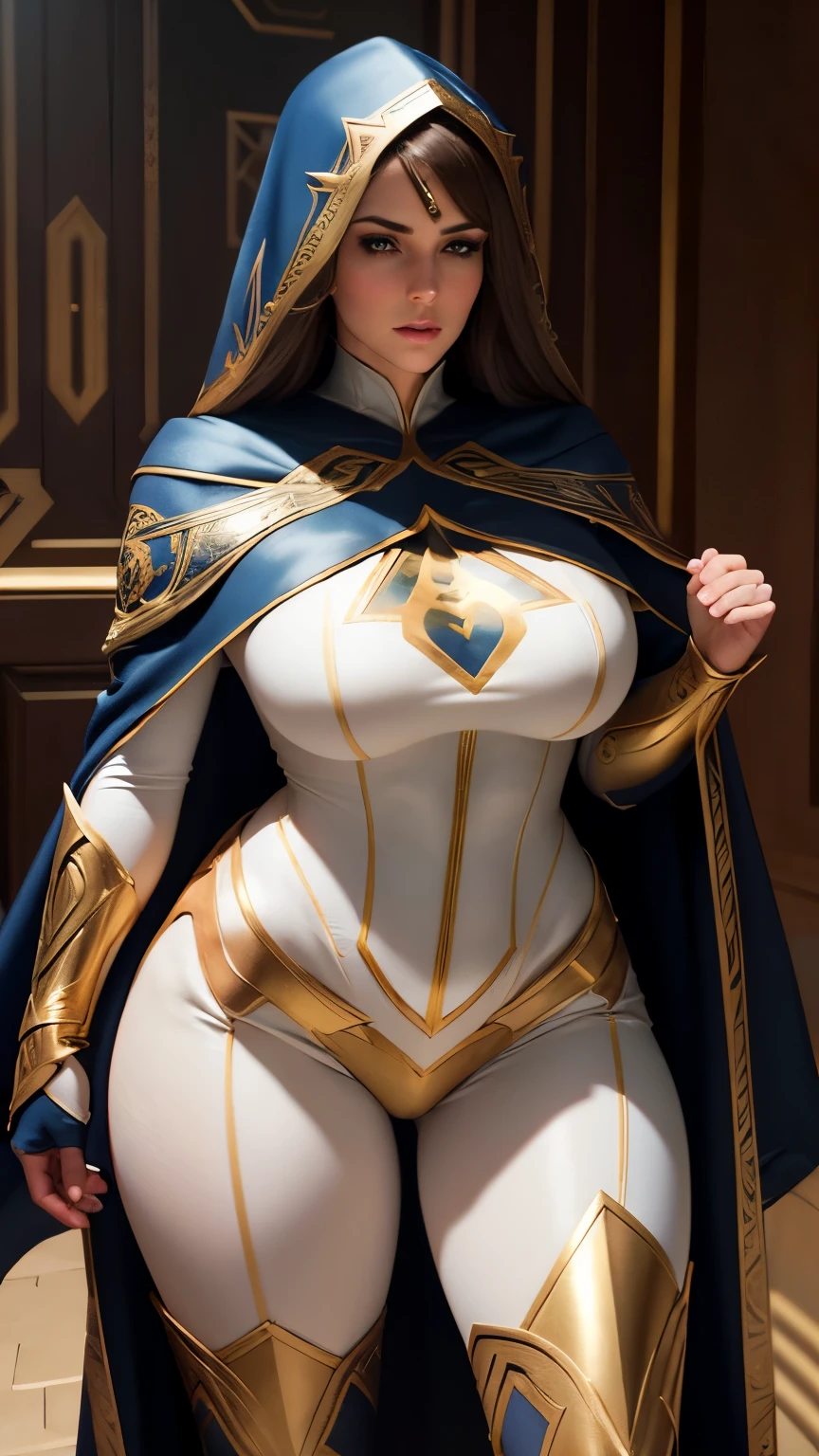 a sexy woman, big breasts, athletic body, thick thighs, wearing a white and gold superhero uniform, gold high boots, detailed face, beautiful eyes, long eyelashes, detailed lips, detailed facial features, masterpiece, photorealistic, 8k, ultra detailed, Physically Based Rendering, vibrant colors, dramatic lighting hooded cape 