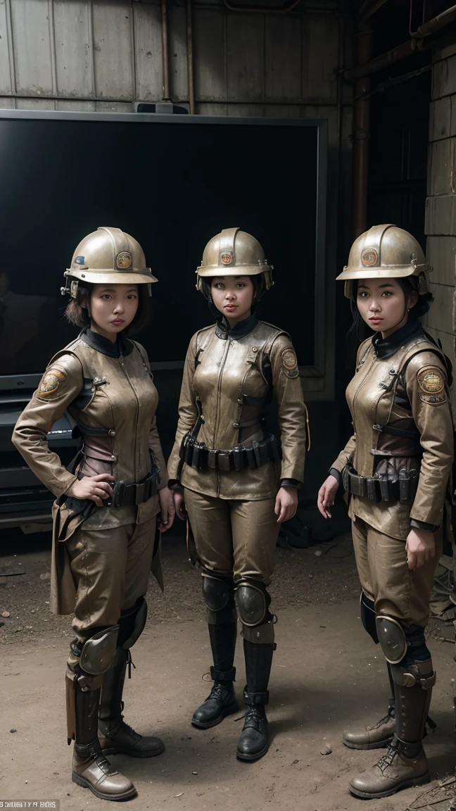 there are four asian women in helmet standing in a line, cyber steampunk 8 k 3 d, television screenshot, the fifth series, mugshots, anthropomorphic machine, standing in wasteland, wales, promotional shot