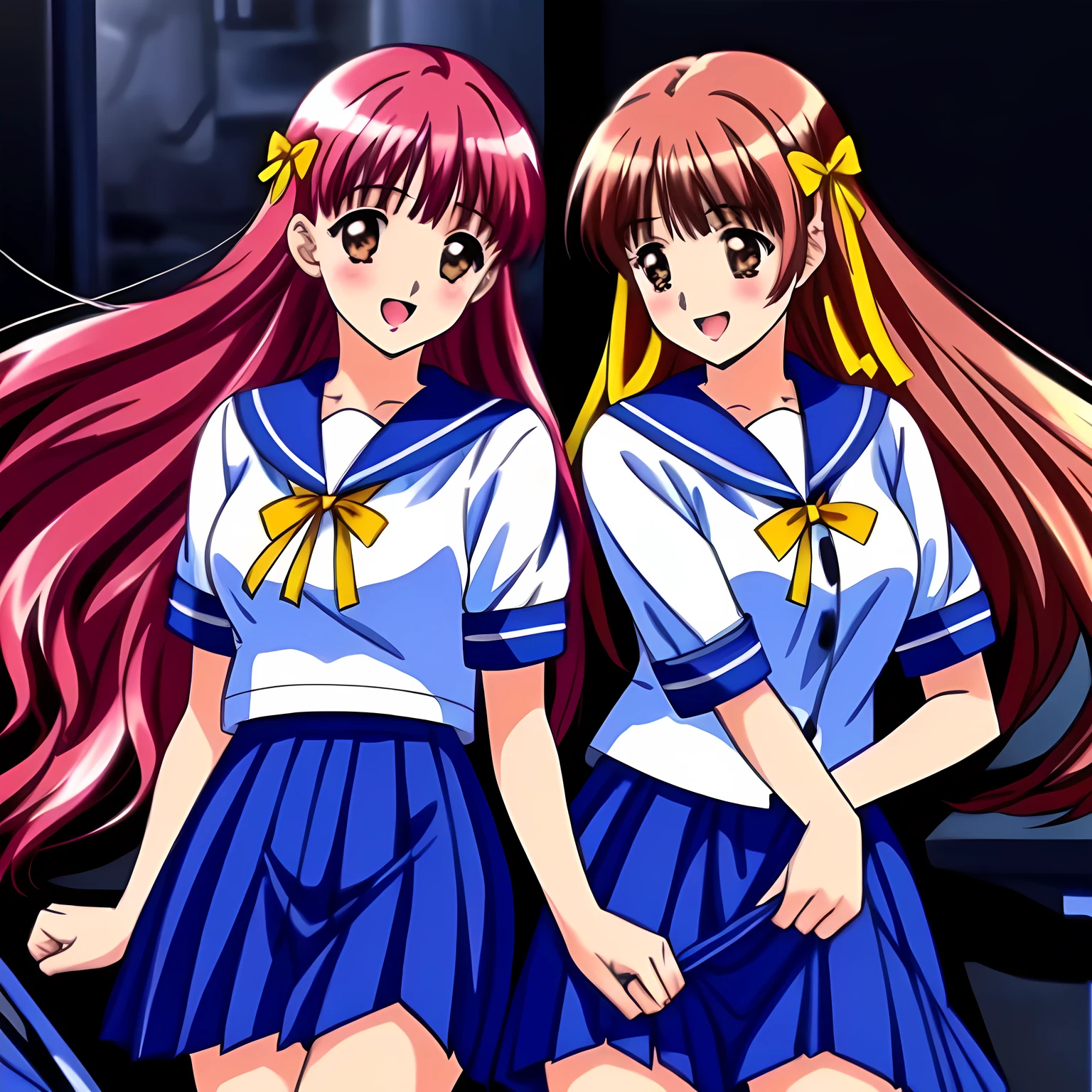 (highest quality, masterpiece: 1.6), (Beautiful noble 20yo beautiful lying anime noble heroines, So beautiful giggling noble elegant **** neat anime heroines ware blue sailor-styled uniform, Noble Elegant, navy sailor uniform, in a dream: 1.5), (Anime-heroine's girly noble laughing giggling brown eyes: 1.6), (Realistic Charming neat navy-colored very-neat well-pleated long checkered school skirt: 1.5), (black background: 1.7), (Eyes, face and hair, and skirt is especially cutely detailed and carefully drawn), (Girls whom everyone loves because of her beauty and lovely fashion and noble manner and mind of succubus and magic-charm of succubus: 1.0), (Very beautiful, wavy, cutely super-super-long straight gorgeous rich black hair like hair model, with elegant big yellow hair ribbons: 1.3)