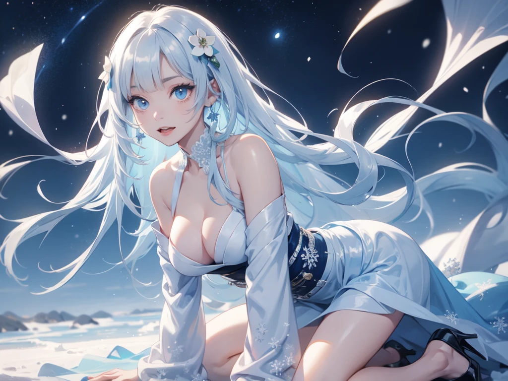 solo、alone、Snow Woman、(White kimono、Christmas rose hair ornament)、Baring fangs、Kneeling and bending forward、Starry Sky、Night Sky、Strong winds、Center of chest、Light blue hair、Long Hair、Light blue eyes、Cut-in、UHD、masterpiece、correct、Super detailed、high detail、Awards、Best Quality、High resolution、8k