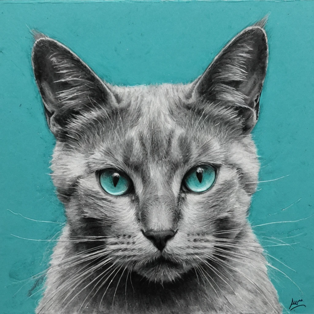 Charcoal drawing, cat, aqua cat, paint charcoal