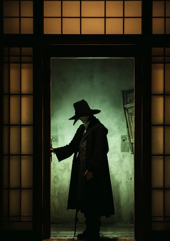 Imagem de um homem de cartola e casaco parado em um corredor escuro, Jack, o Estripador, O Peste., the plague doctor, he is wearing a top hat, plague doctor, Doentio, figura sinistra no fundo, Lee Madgwick e Hubert Robert, Homem misterioso, Incrivelmente misterioso, Sherlock Holmes, por John Alexander