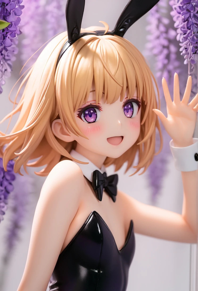 ((Masterpiece)), (Anime:1.3), ((best quality)), (RAW photo:1.2), (High Definition:1.3), (Professional Photography:1.2), (12 years old), (super detailed), 1girl, solo, slim body, look at viewer, (playboy_bunny:1.3), clear face, blunt bangs, messy hair, medium hair, blonde hair, bob cut, blush, shame smile, open mouth, (waving hand), (in purple Wisteria blooming wildly), (good fingers:1.5),