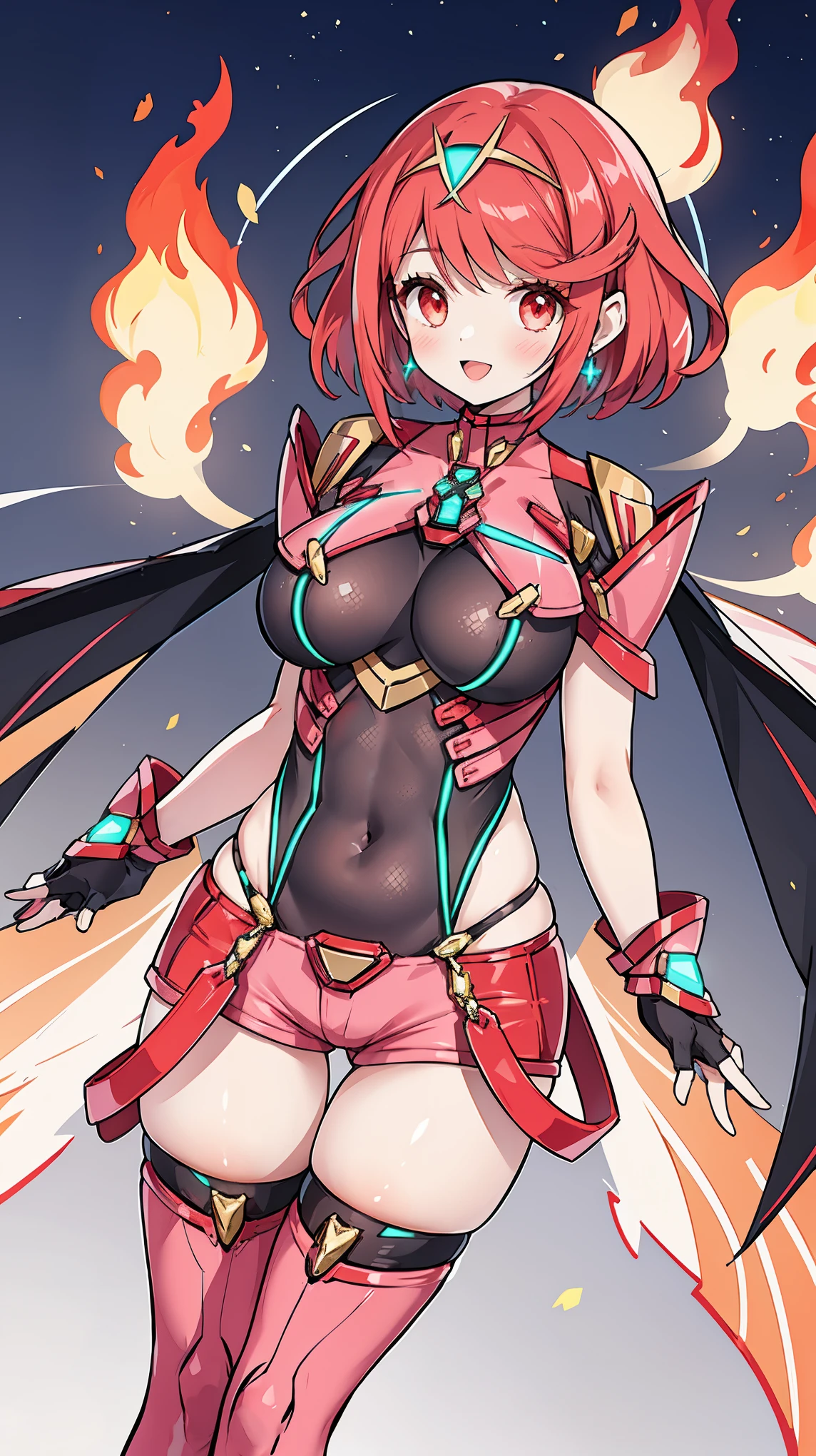 pyra \(xenoblade\), young_teen_1girl, armor, bangs, black gloves, breasts, red eyes, closed mouth, earrings, eyelashes, fingerless gloves, floating hair, framed breasts, gem, gloves, hair ornament, headpiece, jewelry, big_breasts, leaning back, leotard, neon trim, official art, pose, red hair, red shorts, short hair, short shorts, short sleeves, shorts, sidelocks, skin tight, solo, standing, swept bangs, thighhighs, tiara, night_prairie_background, turtleneck, underbust, vambraces, xenoblade chronicles \(series\), (xenoblade chronicles 2), apart_legs, fire_effects,dynamic_pose,light_smile, (plump:1.1), large_thighs, solo, open_mouth,open_arms,want_hug,arms_forward