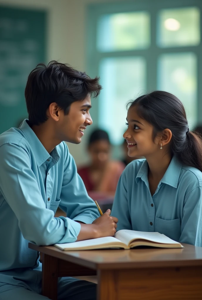 Within the lively courtyard of a traditional British school in the 2010s, a sixteen-year-old Indian girl, with a backpack and a group of friends, shares laughter and camaraderie, creating a dynamic scene of youthful friendship in an academic setting.
