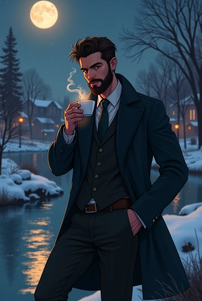 absurderes, high resolution, ultra detaild, HDR, work of art, best qualityer, extremely detaild, flegs, Red hair, expressive red eyes, weak beard, one piece, standing alone, sexy man, bonitas, black cloack, white shirt, fancy, sparkling wine, Glace glittering fireflies, Glace moon, Glace, Glace chrysanthemums, blue sparkling wine lights, magical, snowing, Glace style