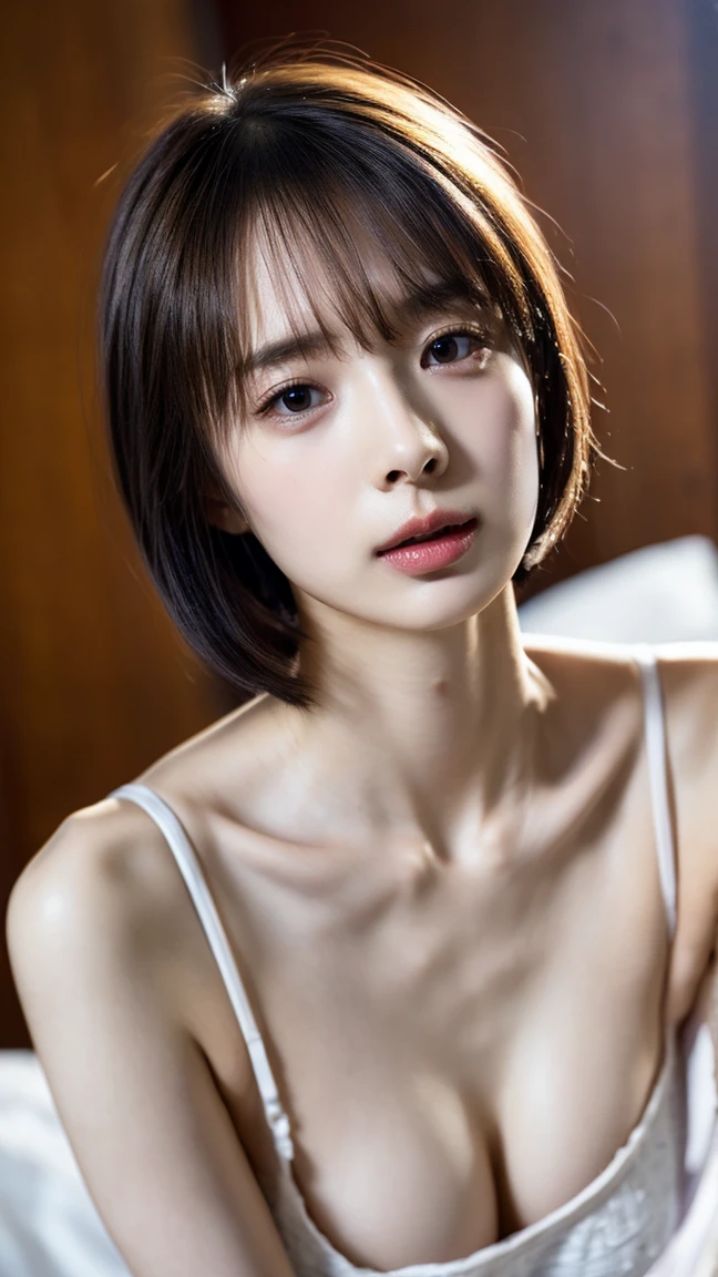 ((Petite women, Sensual woman, No makeup, 柔らかい笑face)), (((Small eyes, length, Narrow eyes))), (Full body portrait, Black Hair, Short Hair, Small breasts, Wearing a white T-shirt, Protruding nipples, Thick pubic hair), White skin, Glossy pale lips, skinny, Body Type, Delicate and sexy collarbone, Best Quality, RAW Photos, Realistic, face, so beautiful, cute, Depth of the written border, High resolution, 超detailed, detailed, Very detailed, extremely detailed eye and face, Sharp pupils, Sharp focus, Cinema Lighting