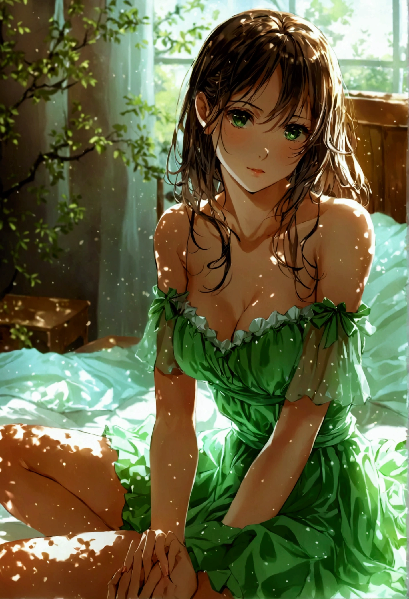 anime - style illustration of a woman in a green dress sitting on a bed, seductive anime girl,  in dress, beautiful anime girl, sitting on the bed, sitting on her bed, beautiful alluring anime teen, attractive anime girl, beautiful alluring anime woman, cute anime waifu in a nice dress, (anime girl), pretty anime girl, sitting on a bed