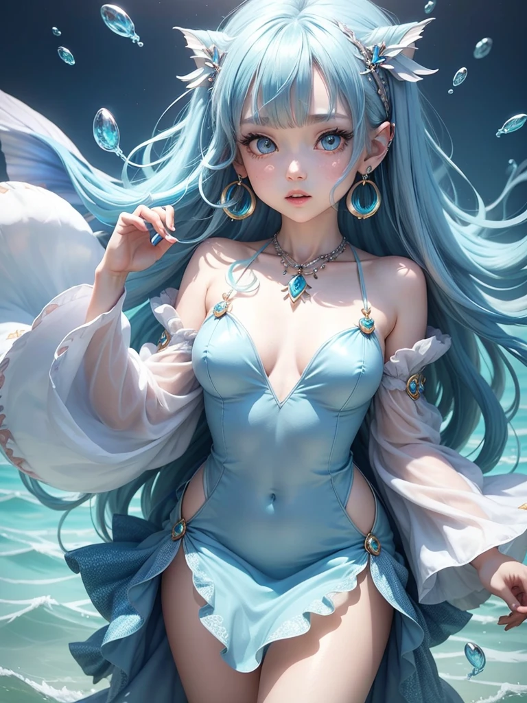 ultra-detailed half body photo of a young women merging with the bioluminescent environment, inside a sparkling blooming overgrown geode, waterfal, misty, she ral-dissolve into particles, waving gossamer crystals made of ral-crztlgls, she glows with an ethereal radiance, deep state of bliss, dreamlike scenery, best quality