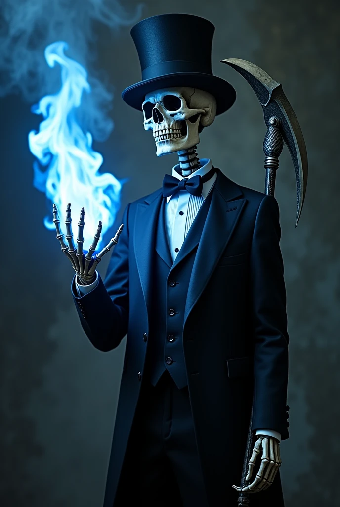 Blue-eyed skeletal skull wearing a black suit and black hat holding wads of money, dinheiro