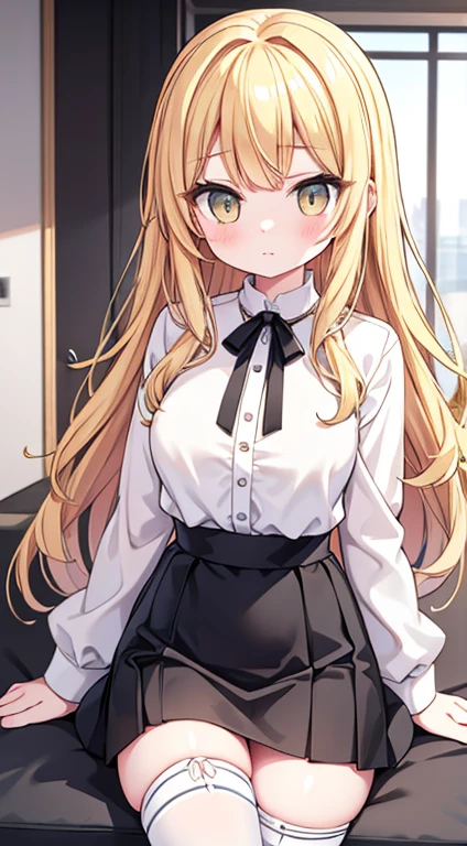 masterpiece, (best quality), (hyper detailed), (illustration), (hyper detailed body), (disheveled hair), 1girl, cute face, (hyper detailed blonde hair), long hair, hyper detailed purple eyes, hairs between eyes, loliall breasts, full-face blush, shy, petite, ahoge, breasts, collarbone, open mouth, hair ribbon, ribbon on sides, black ribbon, downblouse, school, looking at viewer, lockers, locker room, changing shirt, white frilled bra, white frilled panties, groin, breasts apart, embarrassed, collarbone