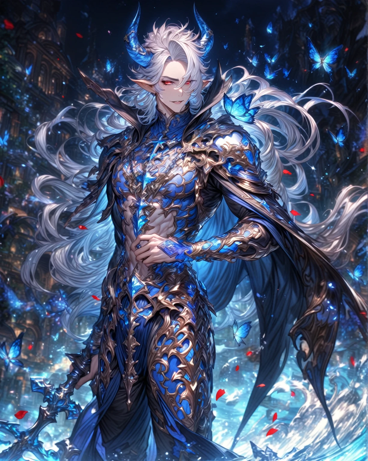 absurdres, highres, ultra detailed, HDR, master piece, best quality, perfect face, Neuvillette, white hair, expressive blue eyes, Genshin Impact, solo, sexy man, handsome, toned chest, sensual, erotic, black clothes, black pants, a winter fantasy world, snowflakes dropping down the sky, everything has turned into ice, a white dragon flying in the distance, exotic colors, magical, powers
