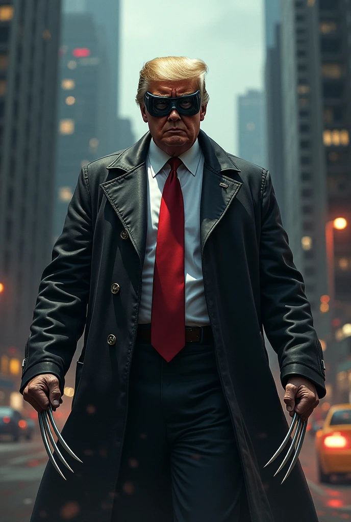Donald Trump with head pointy mustache, soul pach, very visible glasgow smile scars, as a crow (comicbook and film caracter) in a dark and wett city.