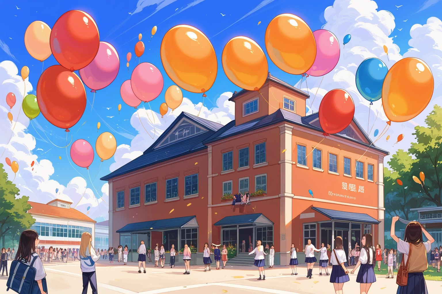 score_9, score_8_up, score_7_up, source_anime,masterpiece, best quality, high resolution, extremely detailed CG, absurdres, multiple girls, school girls taking photo in festivals of school, balloons flying in the blue sky and a school building, events, booths, people, happy, blue sky,