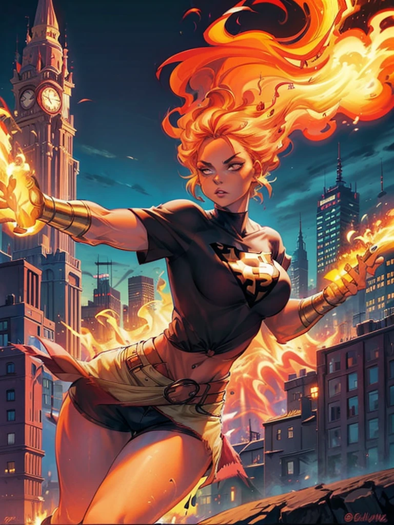 as a superhero, voluptuous figure, fire hair, red skin, black short low-cut t-shirt, short shorts, viewfinders in the eyes, city background.