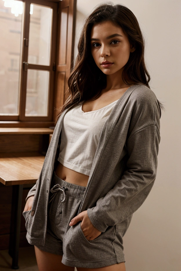 Sueter oversize, sin Pantalon, with entities, in the background a normal room, on the bed