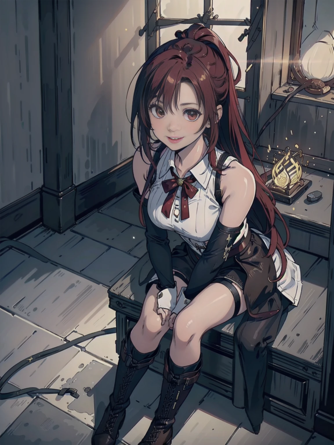 20 years old, long red hair, wears a ponytail, red eyes, always smiling. She dresses in an antique style, wearing a short brown skirt with black shorts underneath, ending above the knees. She wears knee-high brown boots. Her white blouse is sleeveless and features red details. She possesses fire powers and has a fire-themed background. 8k, high quality, full body, (ultra-realistic), {extremely detailed 8k CG unit wallpaper}, expansive landscape photograph, , (light: 2.0), (warm light source: 1.5), complex details,, (atmospheric lighting), surreal, impressive, fantasy, (Solo: 1.2)