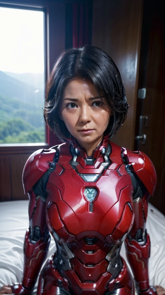 Best Quality　8k red iron man suit girl　Middle-aged women　Sweaty face　cute　Short Hair　boyish　Steam coming out of my head　My hair is wet with sweat　The feel of black hair　Full body portrait　My upper body is soaked　 　I can see the vagina　Lying in bed