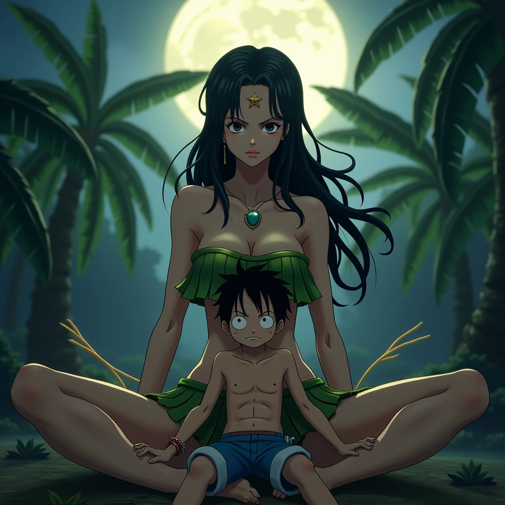 nsfw, masterpiece, best quality, long hair, blue eyes, green hair, horns, evil_smile, looking_at_viewer, (beach1.2),MICRO BIKINI TIGER PRINT, big breasts, red lipstick, sexy, huge breasts,((showing the breasts)), ((1 young kid boy)), woman lying with a young kid boy, sex vaginal