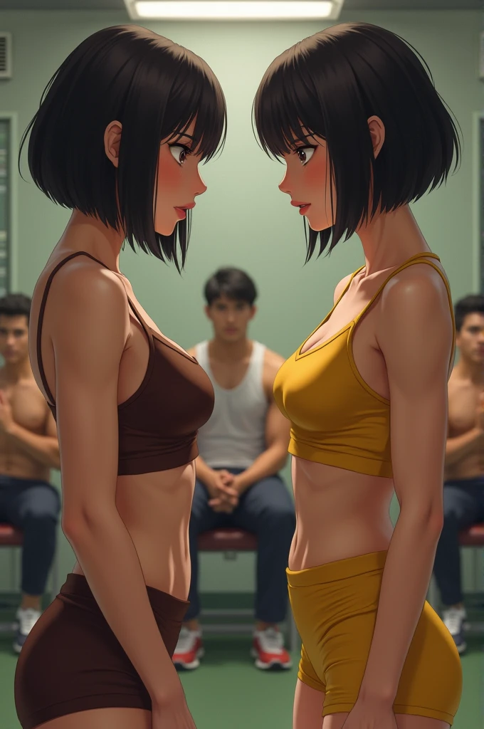 An 18-year-old female and a -yeld fee，Black Hair，Short Hair，There is a height difference of 20 centimeters，Swimwear，They are glaring at each other with their faces close together.，Are arguing，School，Standing firmly facing each other，Alley，whole body，Angle from the side