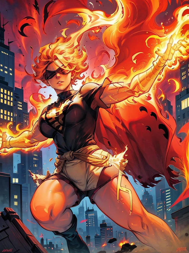 As a superhero, voluptuous figure, fire hair, red skin, black short low-cut t-shirt, short shorts, visors covering the eyes, city background.