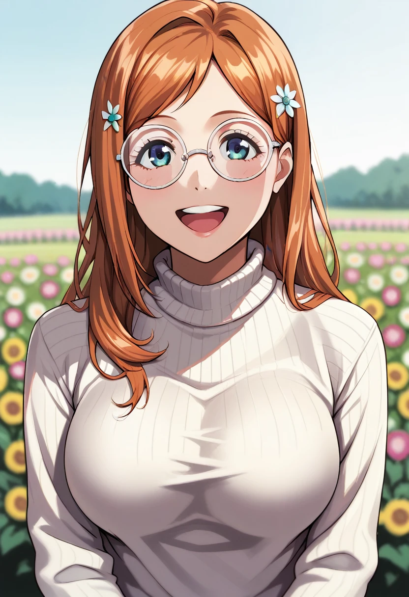 score_9, score_7_up, 1girl, solo, inoue orihime, sweater, large breasts, round eyewear, portrait, happy, depth of field, flower field