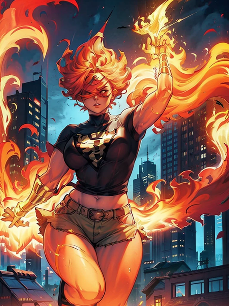 As a superhero, voluptuous figure, fire hair, red skin, black short low-cut t-shirt, short shorts, visors covering the eyes, city background.