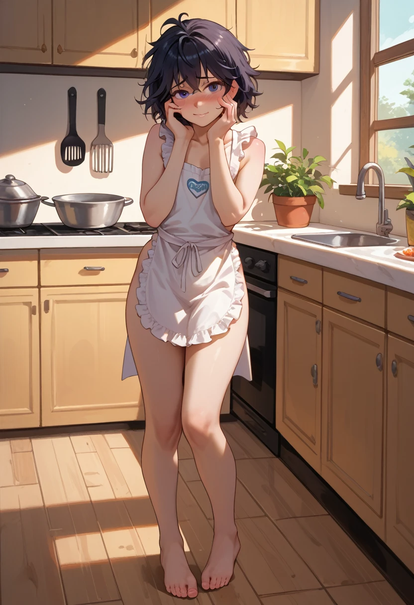 defBernie, messy hair, naked, medium black hair, nervous, three-quarters shot, looking at viewer, kitchen, {hand on face embarrassed}, full body, blushing, small breasts, flat chest, {naked apron}, apron