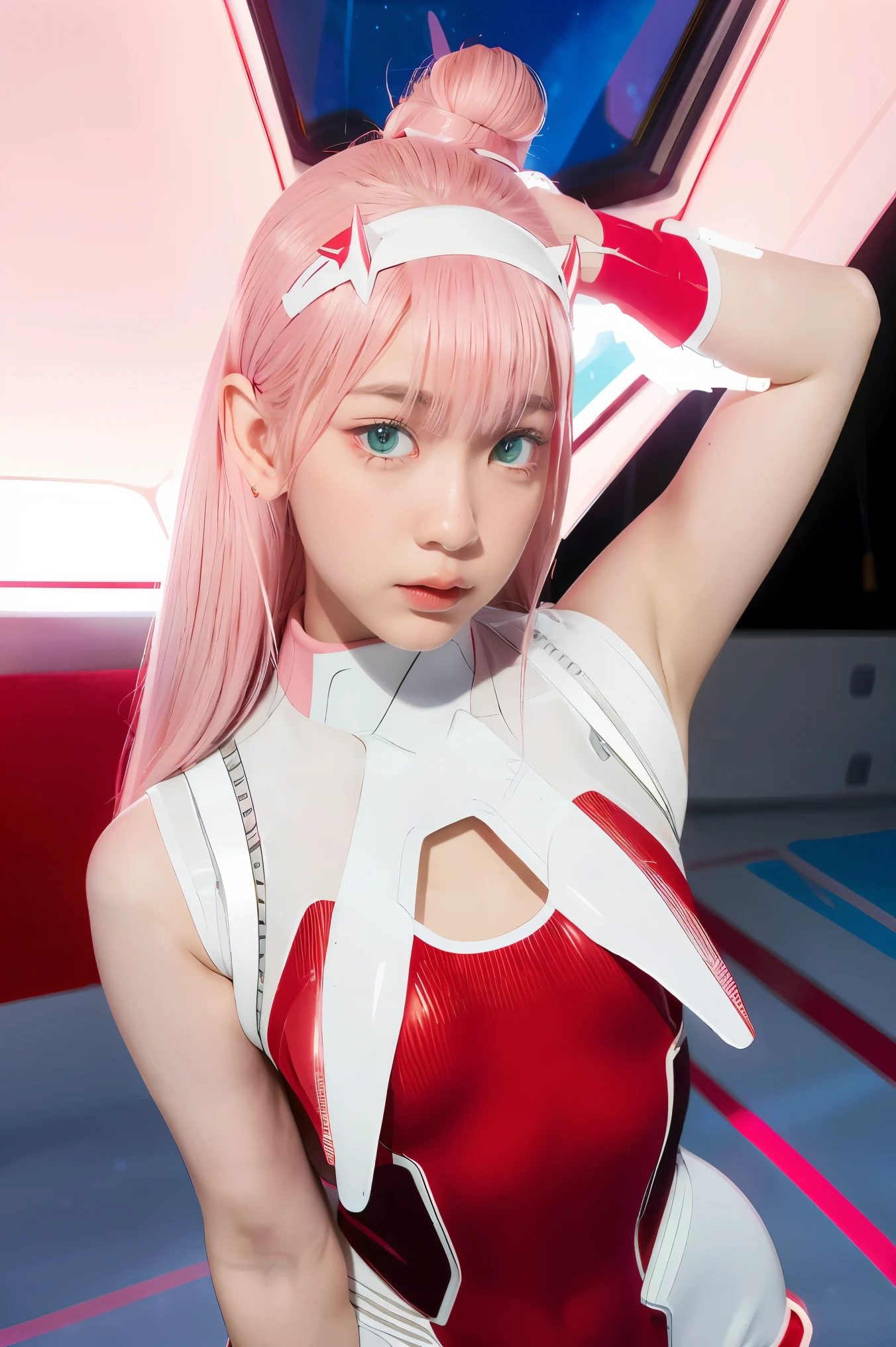 dynamic angle,ultra-detailed, illustration, straight on, 1girl, ((Zero two, interface headband with a pair of horns, red bodysuit:1.4, pink hair)), Her eyes shone like dreamy stars,(glowing eyes:1.233),(beautiful and detailed eyes:1.1),(expressionless, closed mouth),(standing), (mechanic room with tools and spaceship window in a white SPACESHIP), (night:1.2), dreamy, dynamic pose,