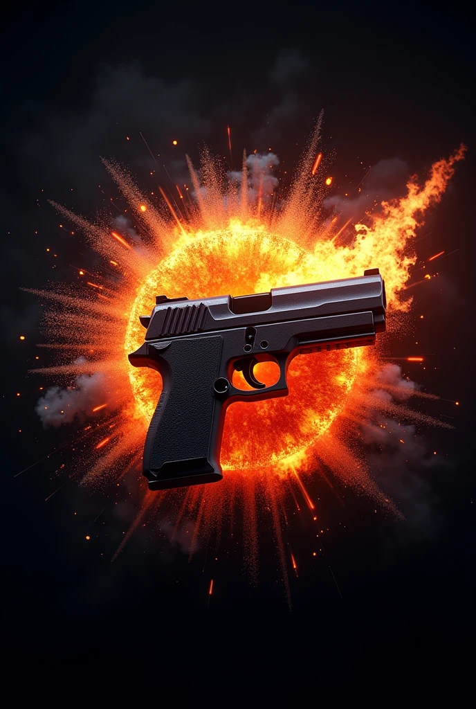 Create a dynamic 3D logo with explosive particles and fire effects cool fonts and gun"
