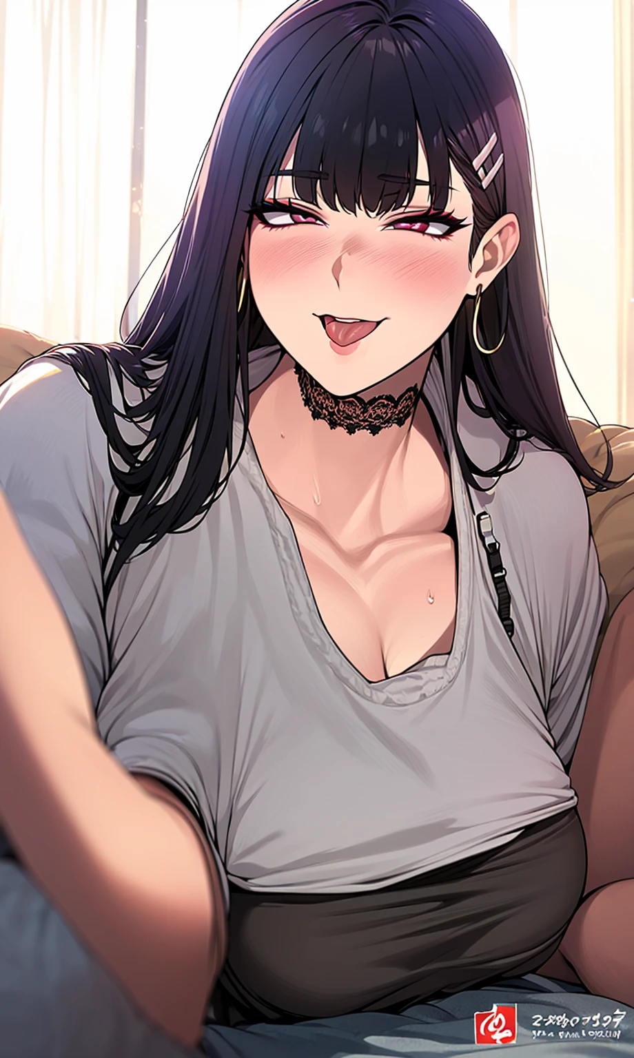 Red cheeks, smile, Show your side, (Lying in bed), Top view, Upper Body, Curvy Body, Lace choker, (Torogao), Warm lighting, Hoop Earrings,  Red cheeks, Sticking out tongue, saliva, Heavy makeup, Drooling, Slanted Eyes, Ahegao, Fatty face、throw