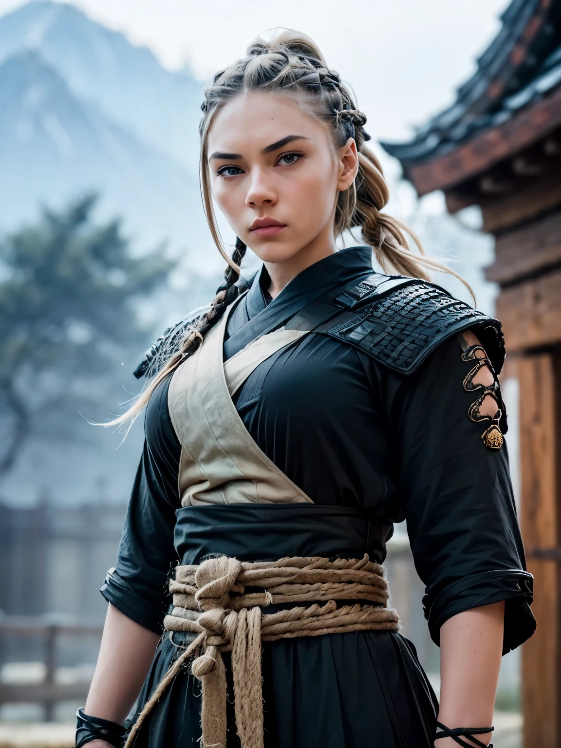 full body portrait (face AlexiaThompson01R), ninja, a beautiful shinobi, she is a ninja, fierce look, she is holding a katana in her hands, belt, white skin, braided hair. she is standing, athletic and strong. feudal japan, she is sweaty and tired, dirty with blood.